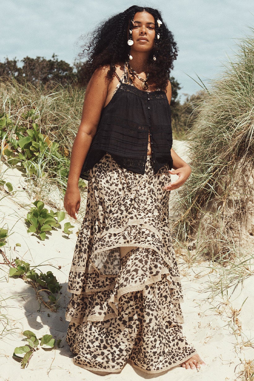 Leopard ruffle maxi skirt sales